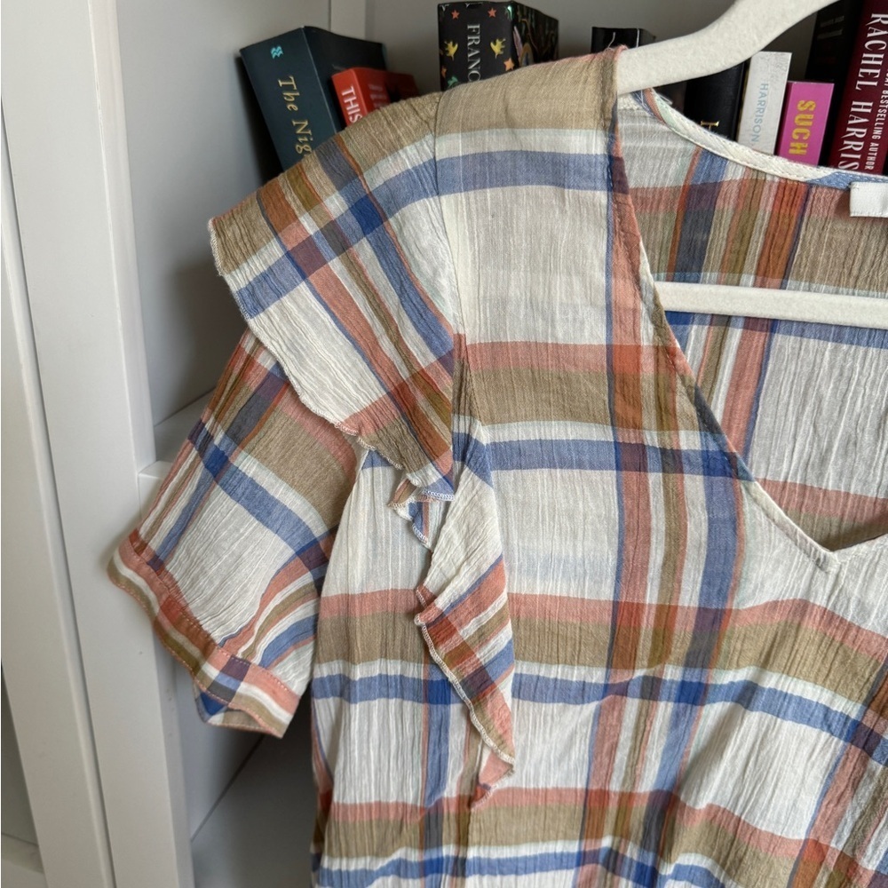 Madewell ivory plaid cotton lightweight ruffle puff sleeve blouse shirt top - Picture 3 of 6